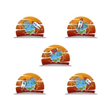 Rocket ship launch space travel sign badge label logo set Stock-Illustration