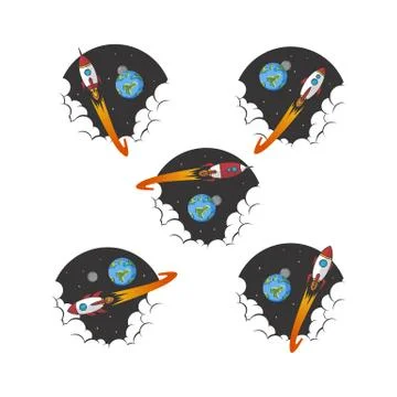 Rocket ship launch space travel sign badge label logo set Stock Illustration