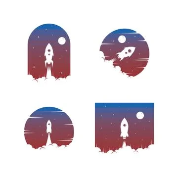 Rocket ship launch space travel sign badge label logo set Stock Illustration