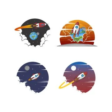 Rocket ship launch space travel sign badge label logo set Stock Illustration