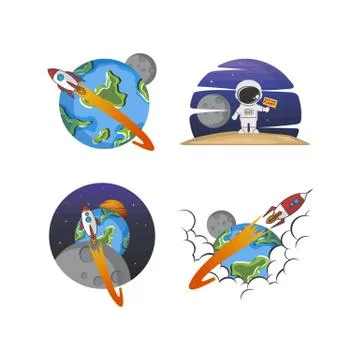 Rocket ship launch space travel sign badge label logo set Stock Illustration