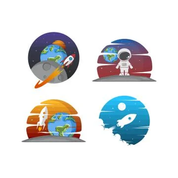Rocket ship launch space travel sign badge label logo set Stock Illustration