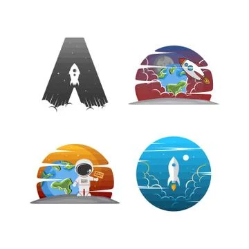 Rocket ship launch space travel sign badge label logo set Stock Illustration