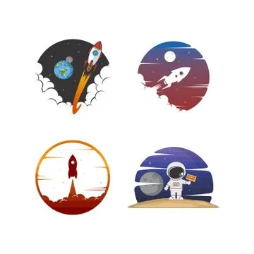 Rocket ship launch space travel sign badge label logo set Stock Illustration