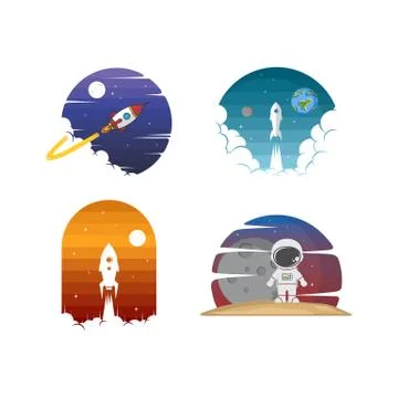 Rocket ship launch space travel sign badge label logo set Stock Illustration