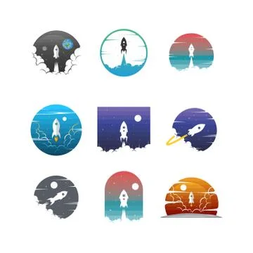 Rocket ship launch space travel sign badge label logo set Stock-Illustration