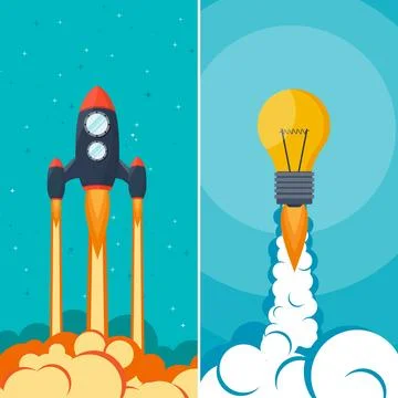 Rocket ship. Launch. Space travel. Start up. Creative idea, innovation. Flight Stock-Illustration