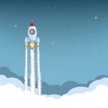 Rocket ship launch. Spaceship flies in the sky with stars Stock-Illustration