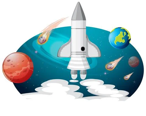 Rocket ship with many planets and asteroids Stock Illustration