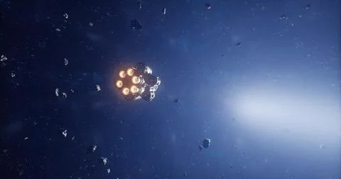 Rocket ship navigating through an asteroid field in deep space Illustrazione stock