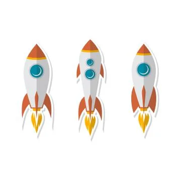 Rocket ship sticker label badge flat design set Stock Illustration