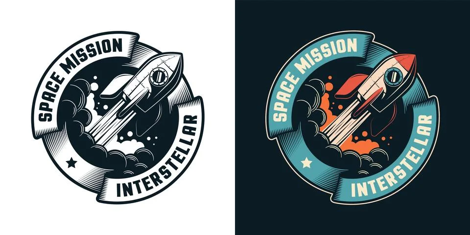 Rocket ship with a stylized flame - retro logo Stock Illustration