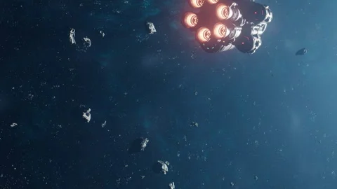 Rocket ship travels through space among asteroids Stock Footage 344827910