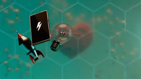 Rocket, smartphone and lightbulb floating above pixelated heart with hexago.. Stockillustratie
