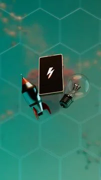 Rocket, smartphone and lightbulb floating above pixelated heart with hexago.. Stockillustratie