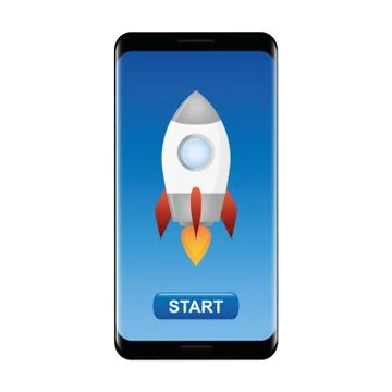 Rocket in a smartphone with start button Illustrazione stock