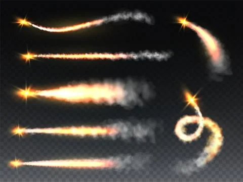Rocket smoke. Trailing fume with flame jets, fiery foggy trails jet airplane Stock Illustration