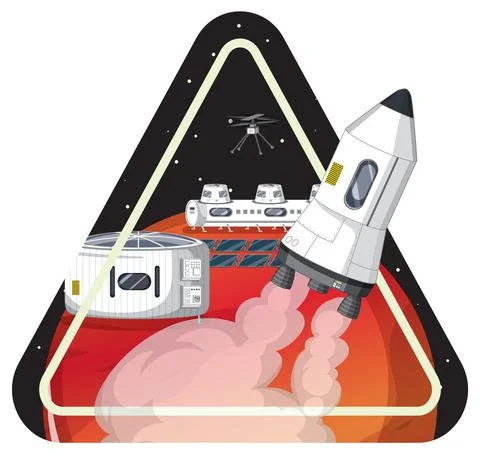 Rocket in the space badge on white background Illustrazione stock