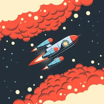 Rocket in space with clouds - retro comic style Stock Illustration