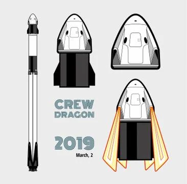 Rocket, space craft isolated set. 2019 March 2 rocket launching. Vector poste Illustrazione stock