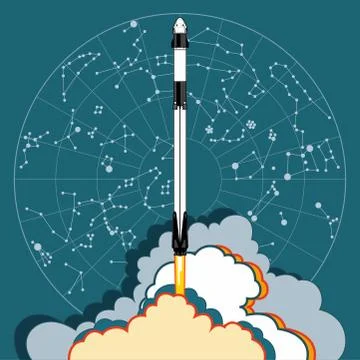 Rocket, space craft vector. 2019 March, 2 rocket launching. Vector poster spa Stock Illustration