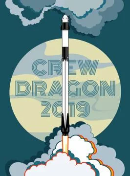 Rocket, space craft vector. 2019 March, 2 rocket launching. Vector poster spa Stock Illustration