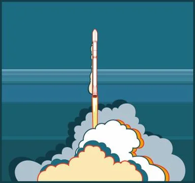Rocket space craft vector rocket launching. Vector poster spaceship, flame st Illustrazione stock