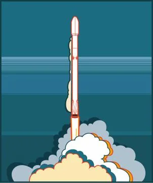 Rocket space craft vector rocket launching. Vector poster spaceship, flame st Stock Illustration