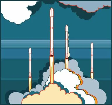 Rocket space craft vector rocket launching. Vector poster spaceship, flame st Stock Illustration