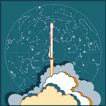 Rocket, space craft vector rocket launching. Vector poster spaceship star map Stock Illustration