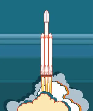 Rocket space craft vector rocket launching. Vector poster spaceship, flame st Stock Illustration