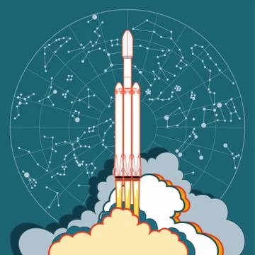 Rocket, space craft vector rocket launching. Vector poster spaceship star map Stock Illustration