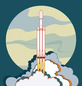 Rocket, space craft vector rocket launching. Vector poster spaceship. Yellow  Illustrazione stock