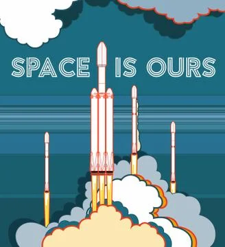 Rocket space craft vector rocket launching. Vector poster spaceship, flame st Stock Illustration