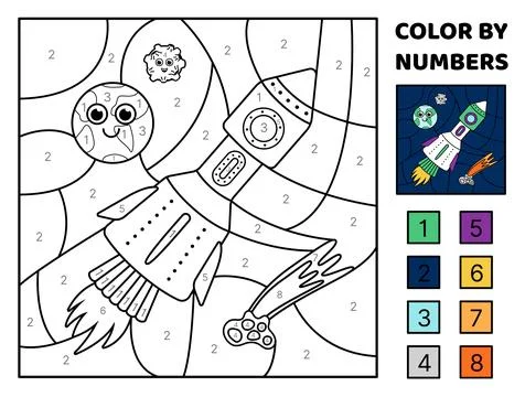 Rocket in space, Earth, meteor. Color by number. Space. Coloring page. Game for Stock Illustration