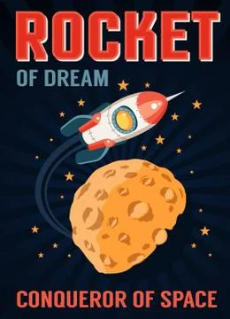 Rocket in space flies over a planet with craters similar to the moon Illustrazione stock