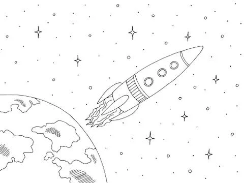 Rocket in space graphic black white sketch illustration vector Stock Illustration