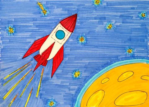 Rocket in Space. Hand drawing made by colour markers. Stock Illustration