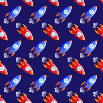 Rocket in space, seamless children's pattern, red, blue background, vector 스톡 일러스트