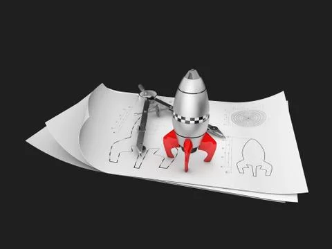 A rocket space ship on the drawing, isolated black. Simple retro spaceship. 3 Stock Illustration