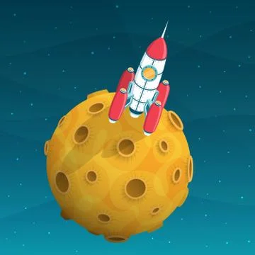 Rocket space ship is on yellow planet with craters Illustrazione stock