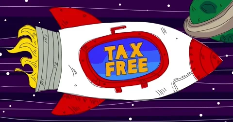 Rocket in Space with Tax Free text on the window. Line Art Cartoon Stock Footage 219660243