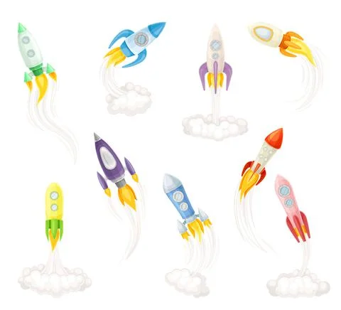 Rocket as Spacecraft with Engine Exhaust Launching and Flying in Space Vector Illustrazione stock