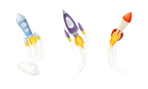 Rocket as Spacecraft with Engine Exhaust Launching and Flying in Space Vector Stock Illustration