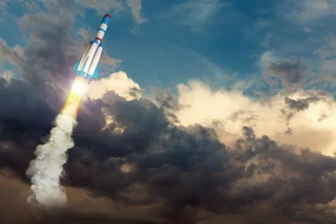 Rocket spaceship flying high. Mixed media with 3D illustration elements Stock Photos