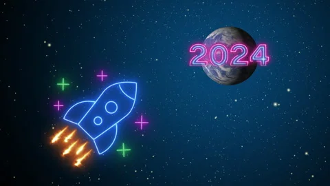 Rocket spaceship icon rising moving up to the world 2024. 스톡 동영상 253143968