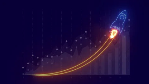 Rocket spaceship icon on virtual graph and chart. Space, startup Stock Footage 256203404