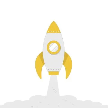 Rocket spaceship launch with white smoke, startup Stock Illustration