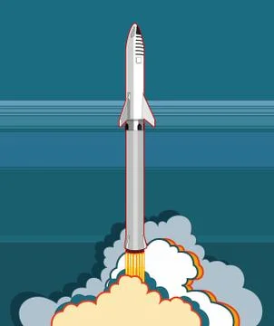 Rocket spaceship launching vector retro style illustration. Vector cartoon sp Stock Illustration