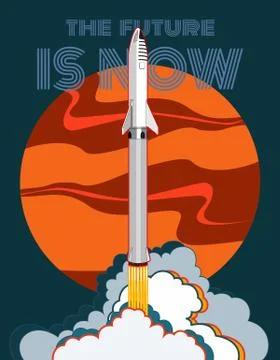 Rocket spaceship launching vector retro style illustration. Vector cartoon sp Stock Illustration